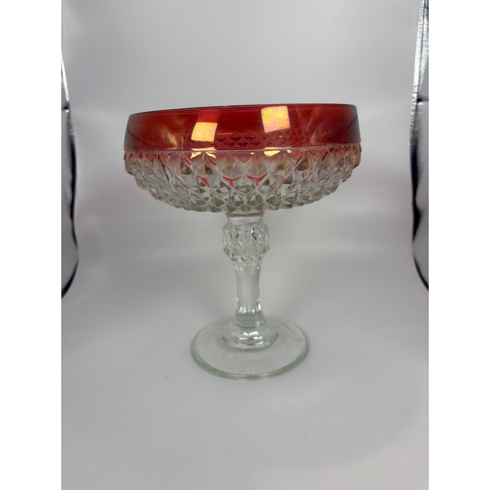 Vintage Ruby Red Flashed Diamond Cut Glass Pedestal Candy Dish Compote Bowl